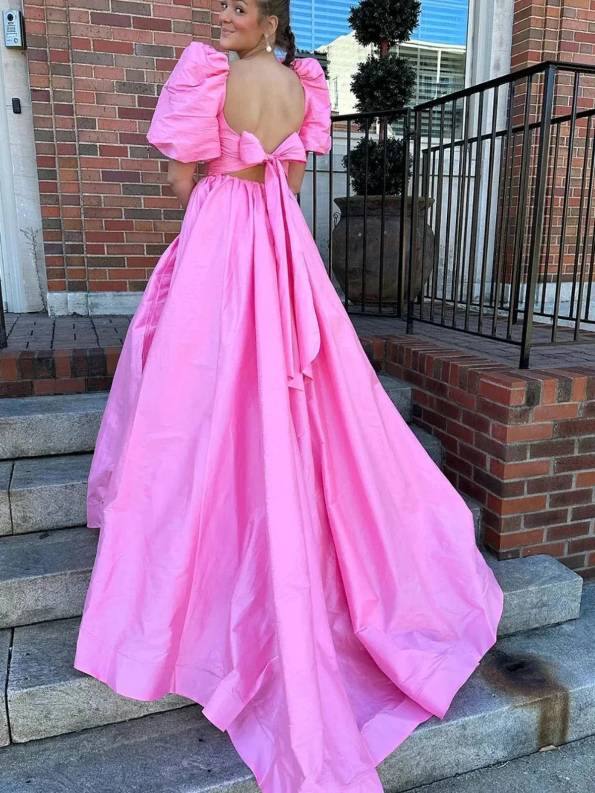 Lynette | Square Neck Fuchsia Puff Sleeves A-Line Prom Dress - Image 8