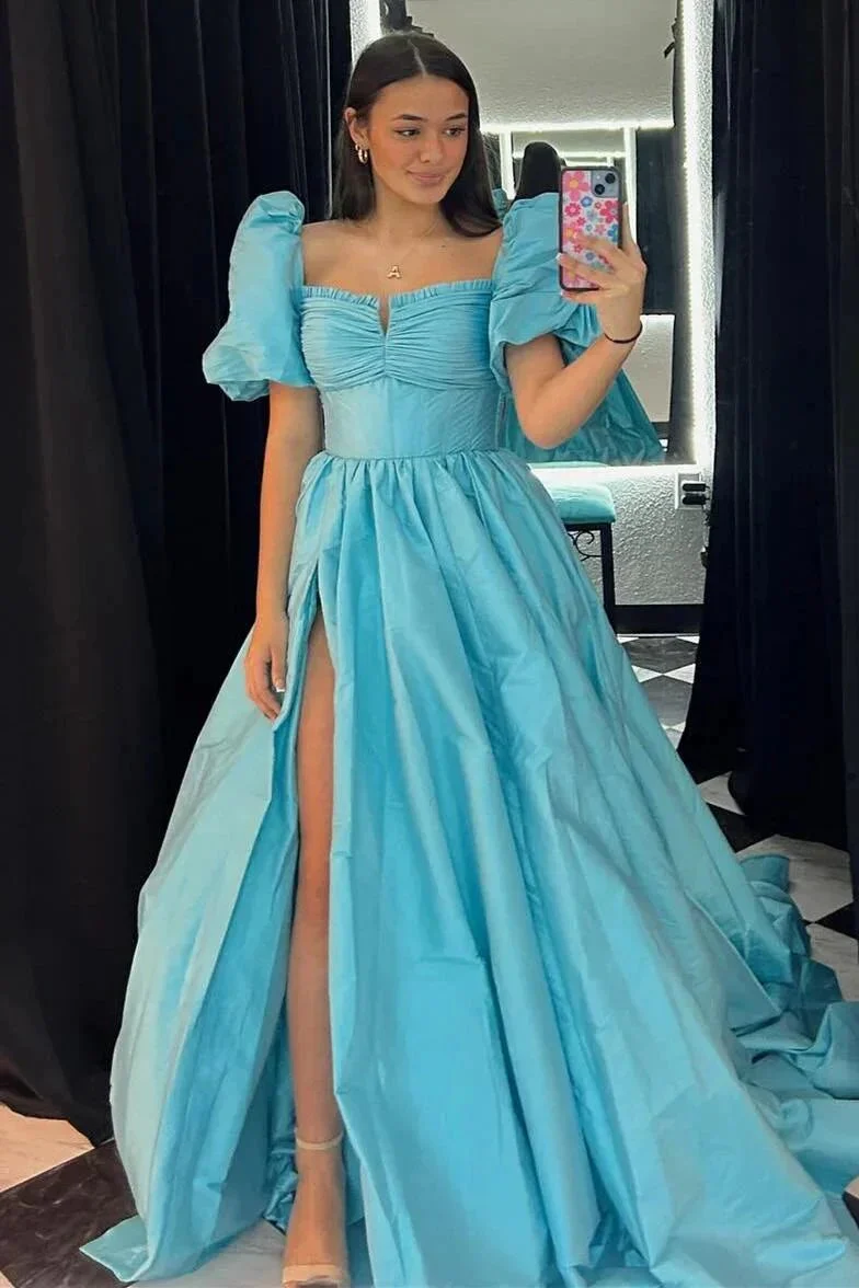 Lynette | Square Neck Fuchsia Puff Sleeves A-Line Prom Dress - Image 9