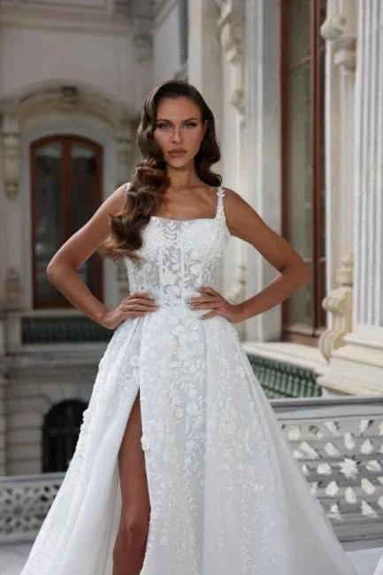 Square Neck High Split A-Line Stain Sleeveless Wedding Dress with Appliques - Image 3