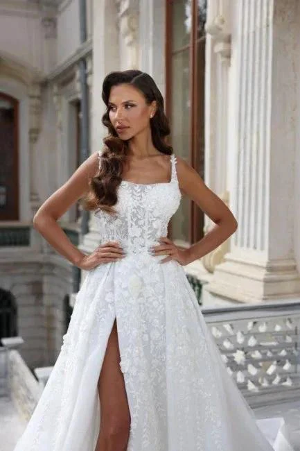 Square Neck High Split A-Line Stain Sleeveless Wedding Dress with Appliques - Image 4