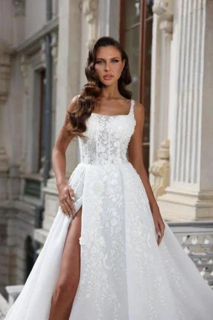 Square Neck High Split A-Line Stain Sleeveless Wedding Dress with Appliques - Image 6
