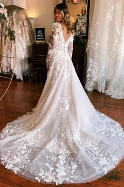 Square Neck Long Sleeves A-Line Lace Wedding Dress - Image 2