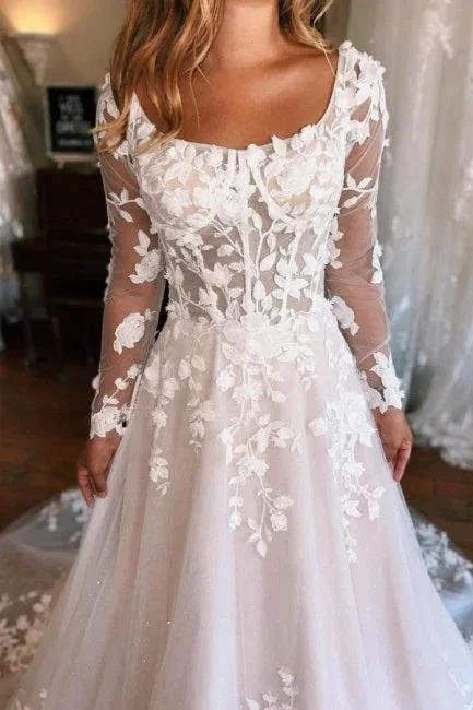 Square Neck Long Sleeves A-Line Lace Wedding Dress - Image 3