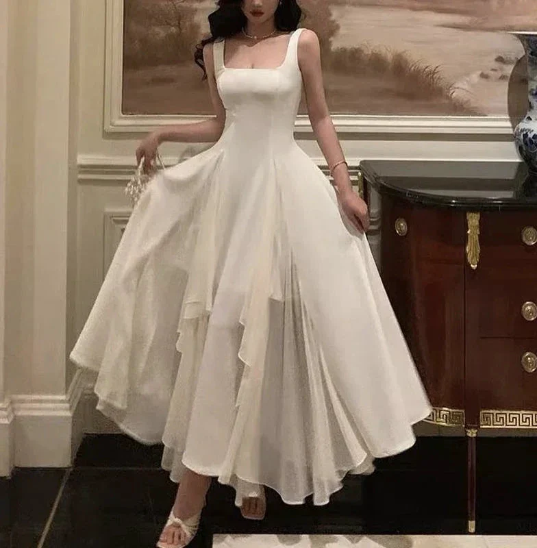 Square Neck White Asymmetric A-Line Long Evening Dress Y2786 - Image 2