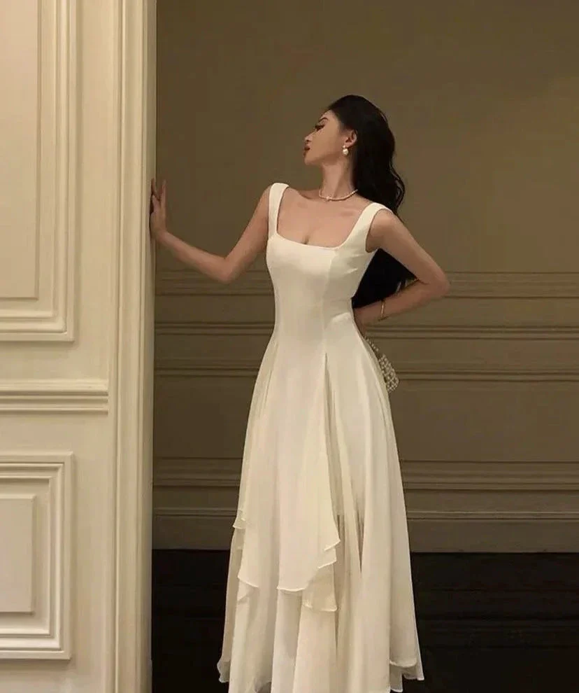 Square Neck White Asymmetric A-Line Long Evening Dress Y2786 - Image 3