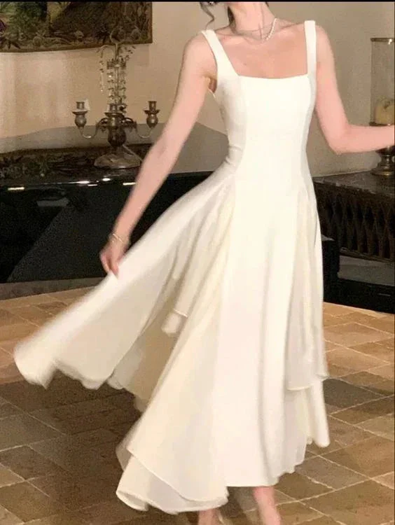 Square Neck White Asymmetric A-Line Long Evening Dress Y2786 - Image 4