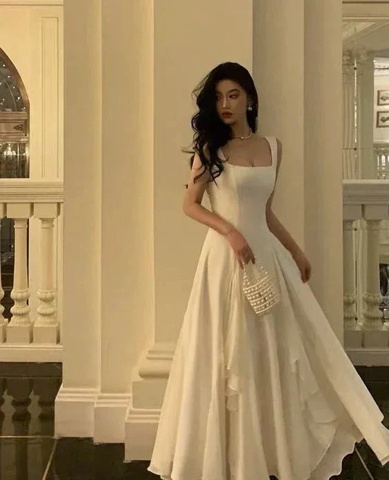 Square Neck White Asymmetric A-Line Long Evening Dress Y2786 - Image 5