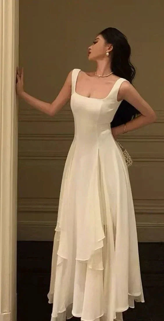 Square Neck White Asymmetric A-Line Long Evening Dress Y2786 - Image 8