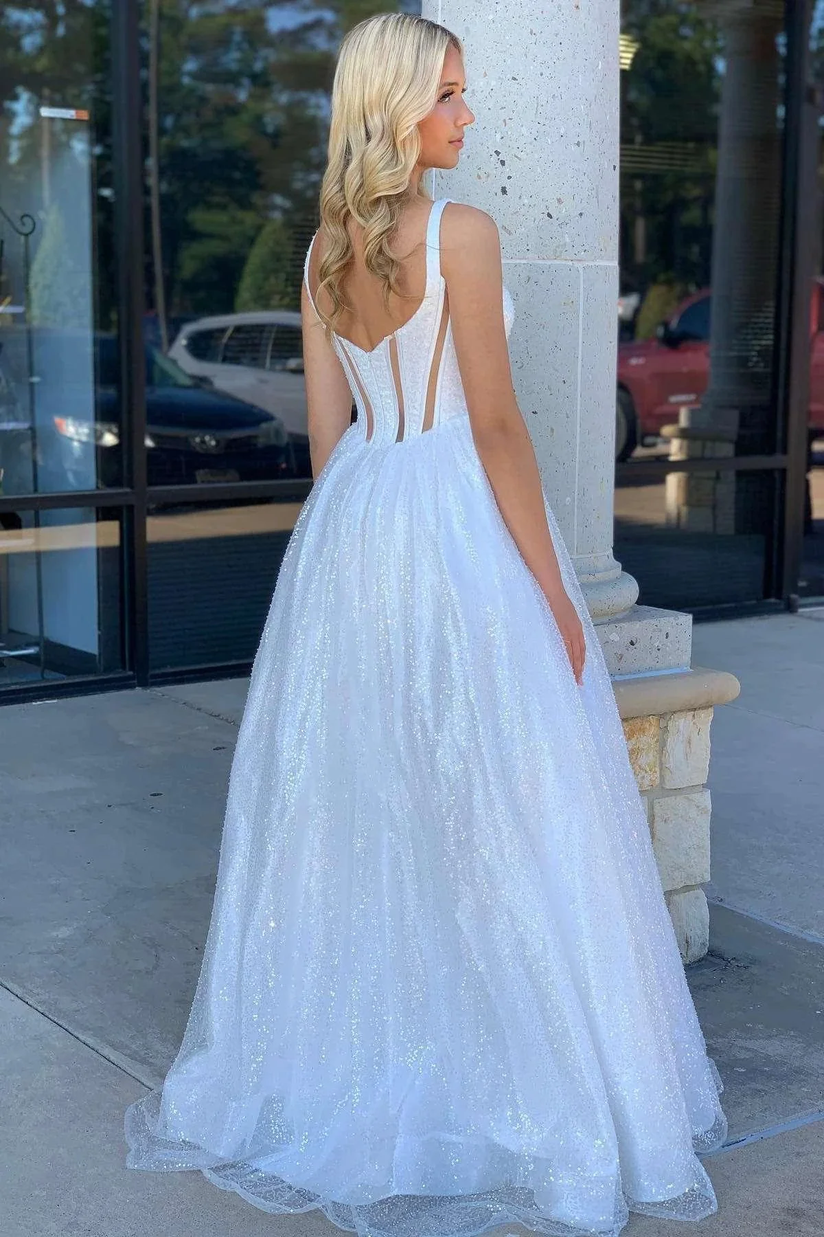 Priscilla | Square Neck White Sequin A-Line Prom Dress - Image 2