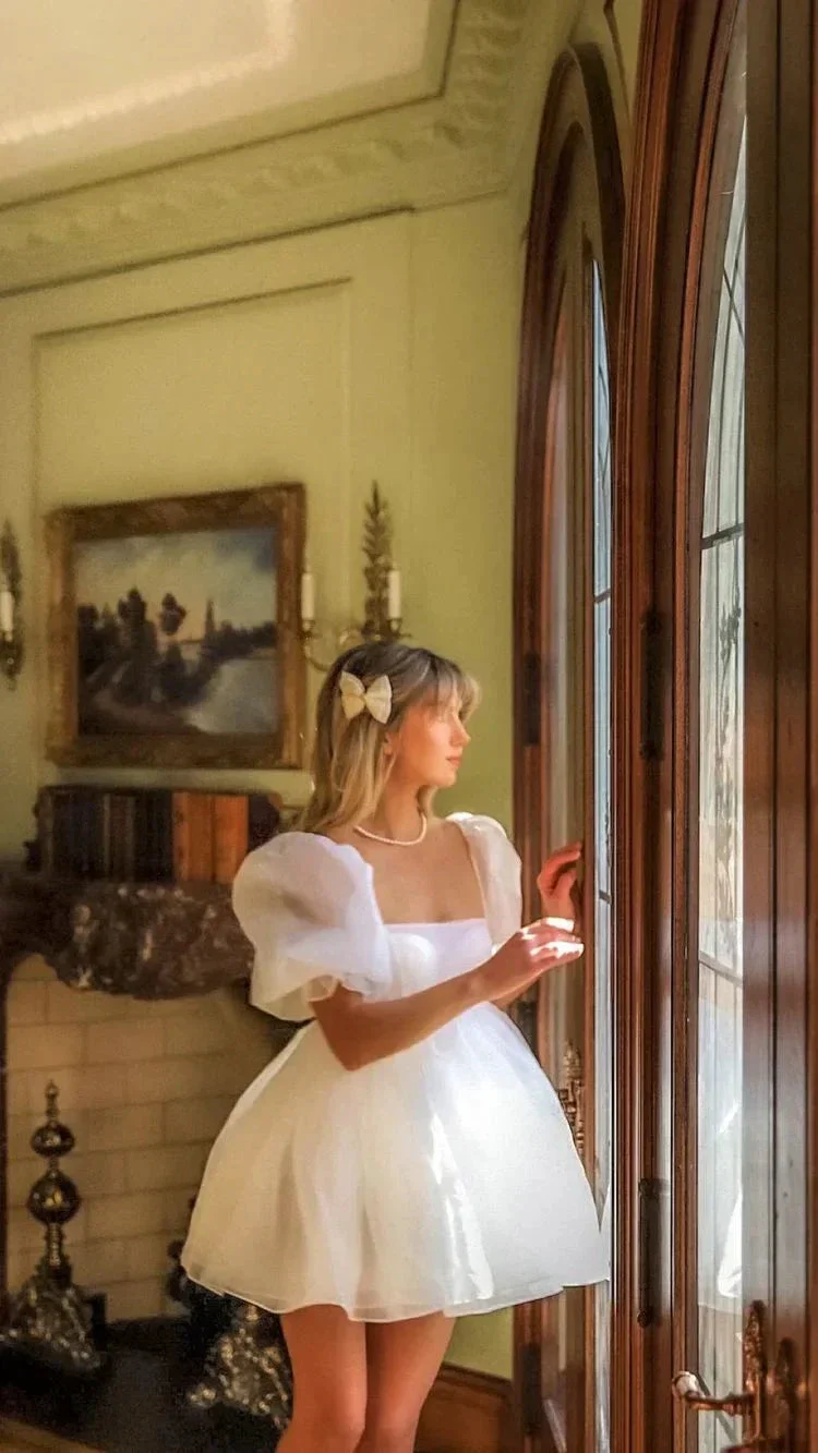 Square Neck White Tulle Short Homecoming Dress With Puff Sleeves Y2375 - Image 2