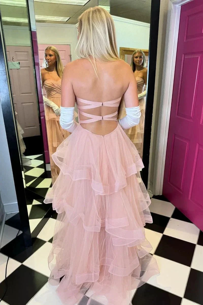 Stacia | A-Line Strapless Blush Pink Ruffle Tiered Tulle Long Prom Dresses - Image 2