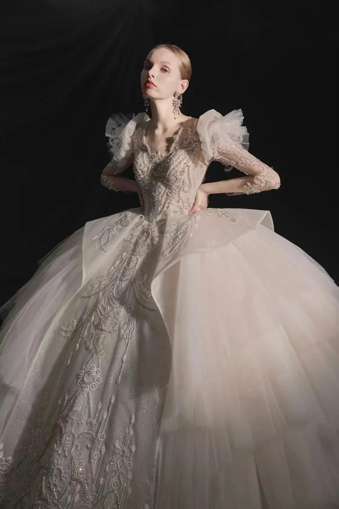 Glamorous V-Neck Ball Gown Long Lace Sleeve Beaded Embroidery Wedding Dress with Ruffled Train E315 - Image 2