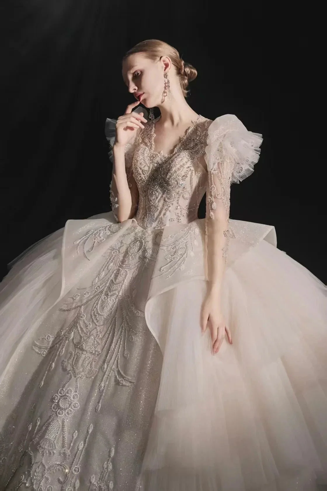 Glamorous V-Neck Ball Gown Long Lace Sleeve Beaded Embroidery Wedding Dress with Ruffled Train E315 - Image 3