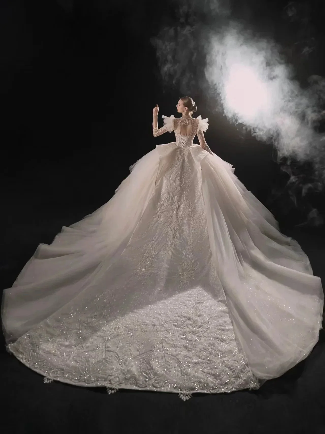 Glamorous V-Neck Ball Gown Long Lace Sleeve Beaded Embroidery Wedding Dress with Ruffled Train E315 - Image 4