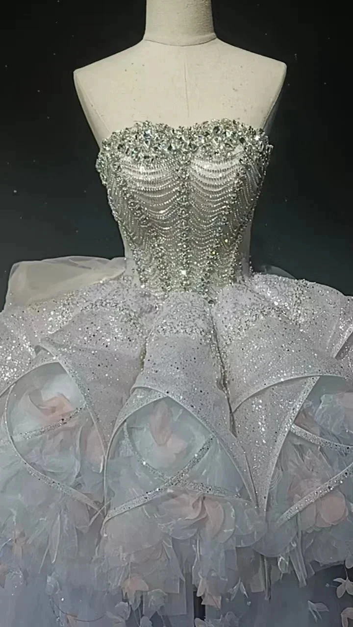 Starry veil feather crystal embellished flower bud dress - Image 6