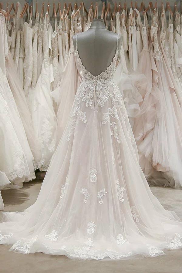 Strap V Neck Beach Wedding Dresses Backless Ivory Tulle Wedding Dress  WD309 - Image 2