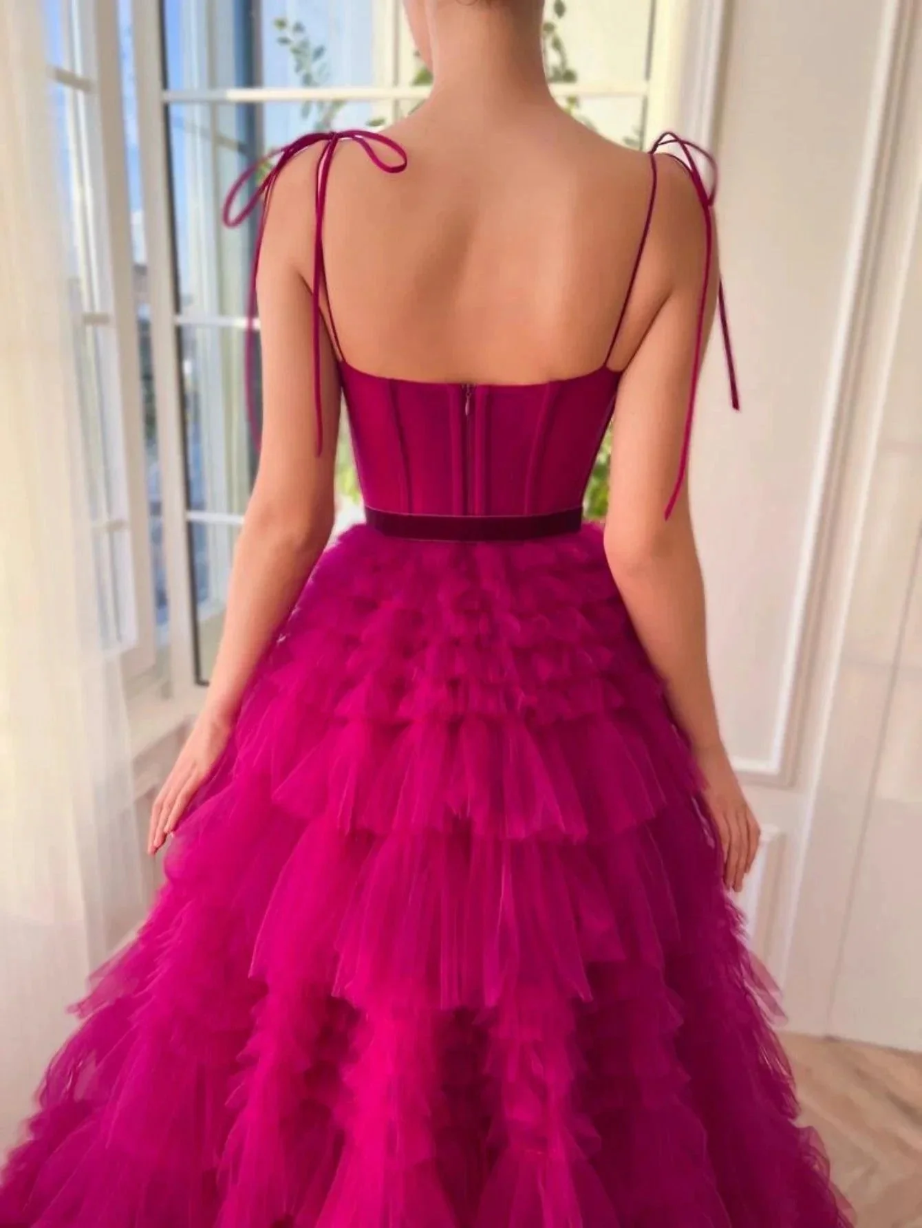 Blair |A Line Strapless Fuchsia Tiered Long Tulle Prom Dress - Image 2