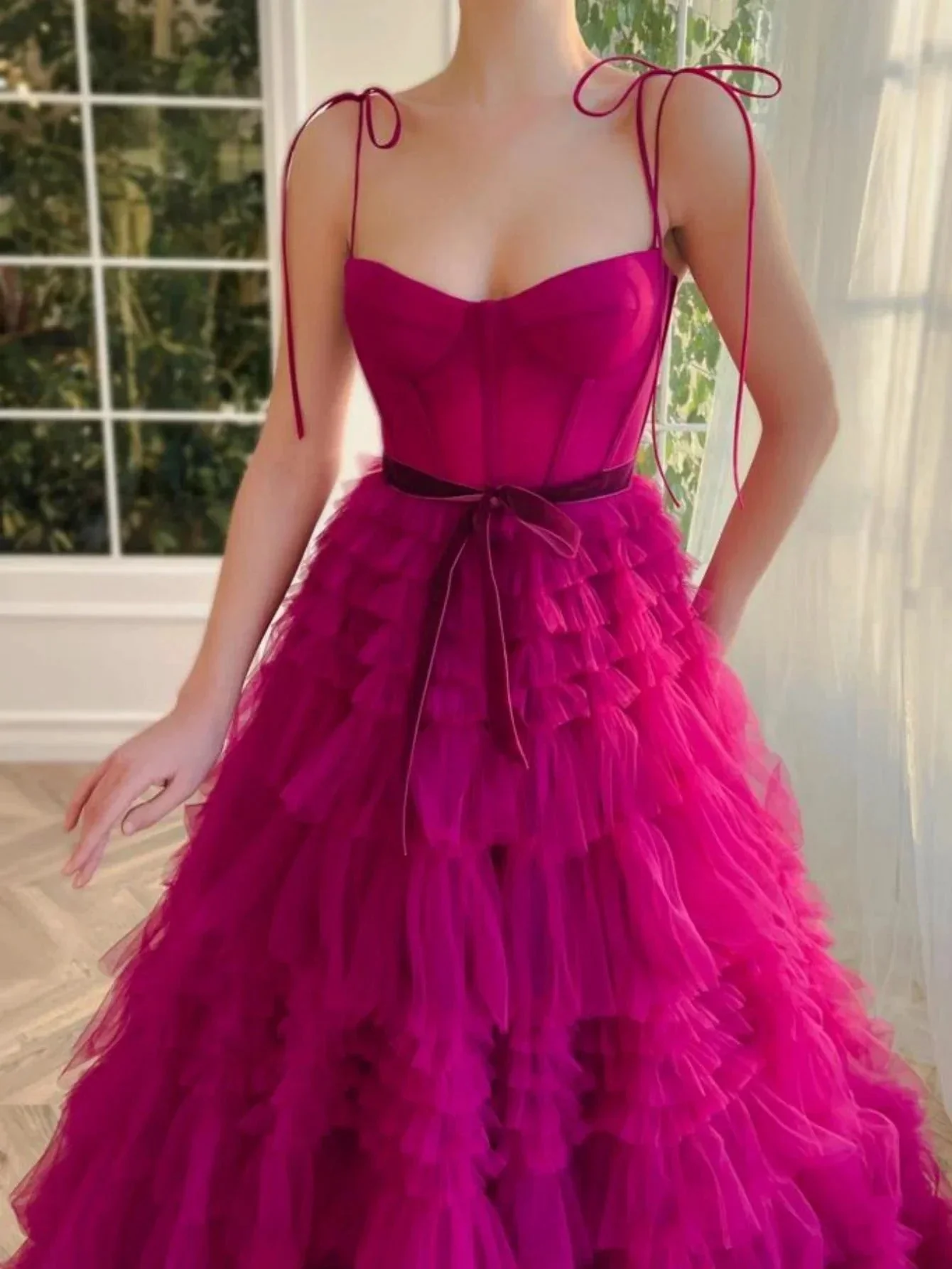 Blair |A Line Strapless Fuchsia Tiered Long Tulle Prom Dress - Image 3
