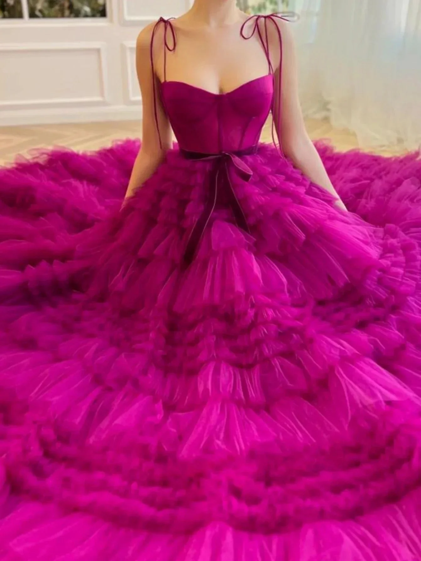 Blair |A Line Strapless Fuchsia Tiered Long Tulle Prom Dress - Image 4