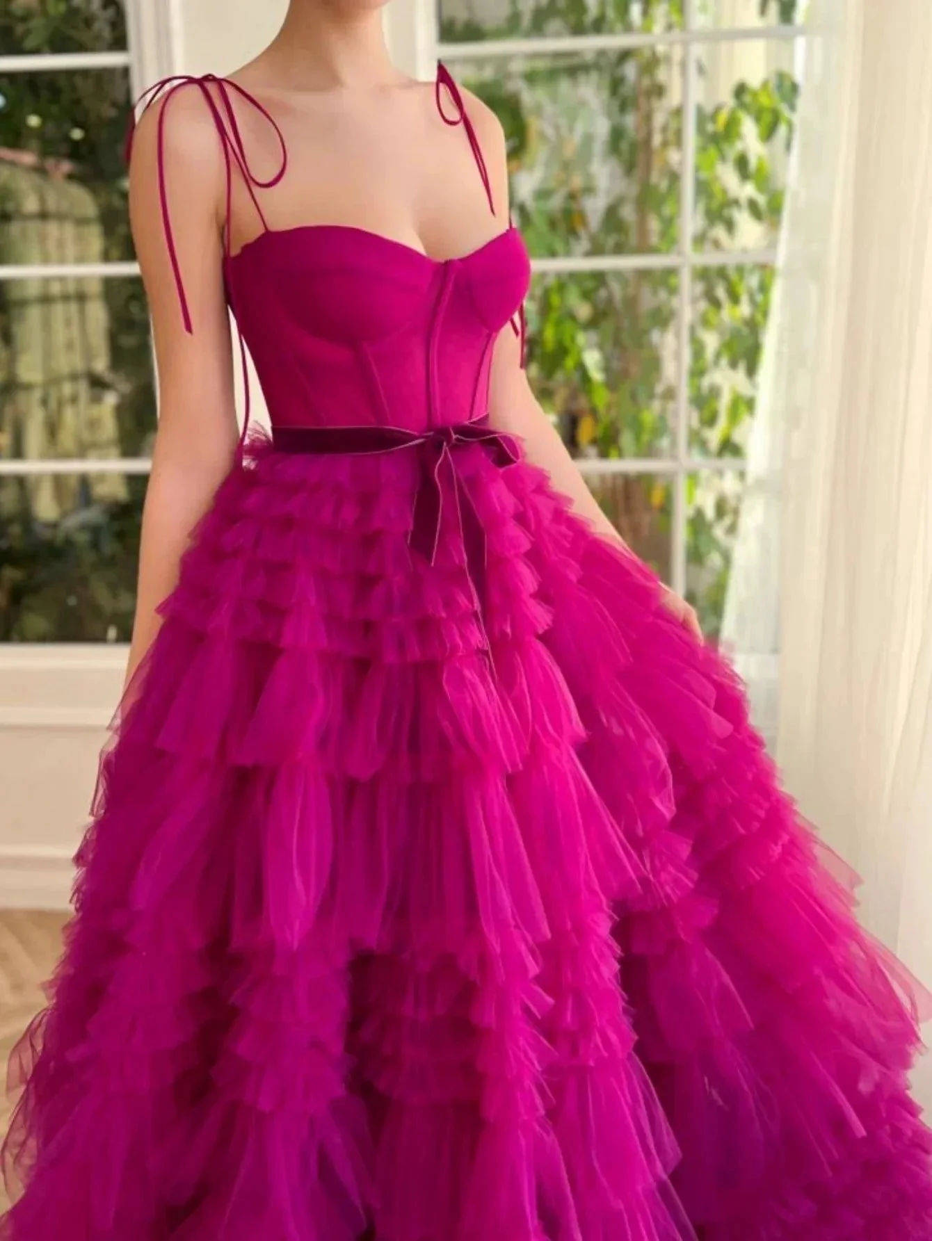 Blair |A Line Strapless Fuchsia Tiered Long Tulle Prom Dress - Image 5