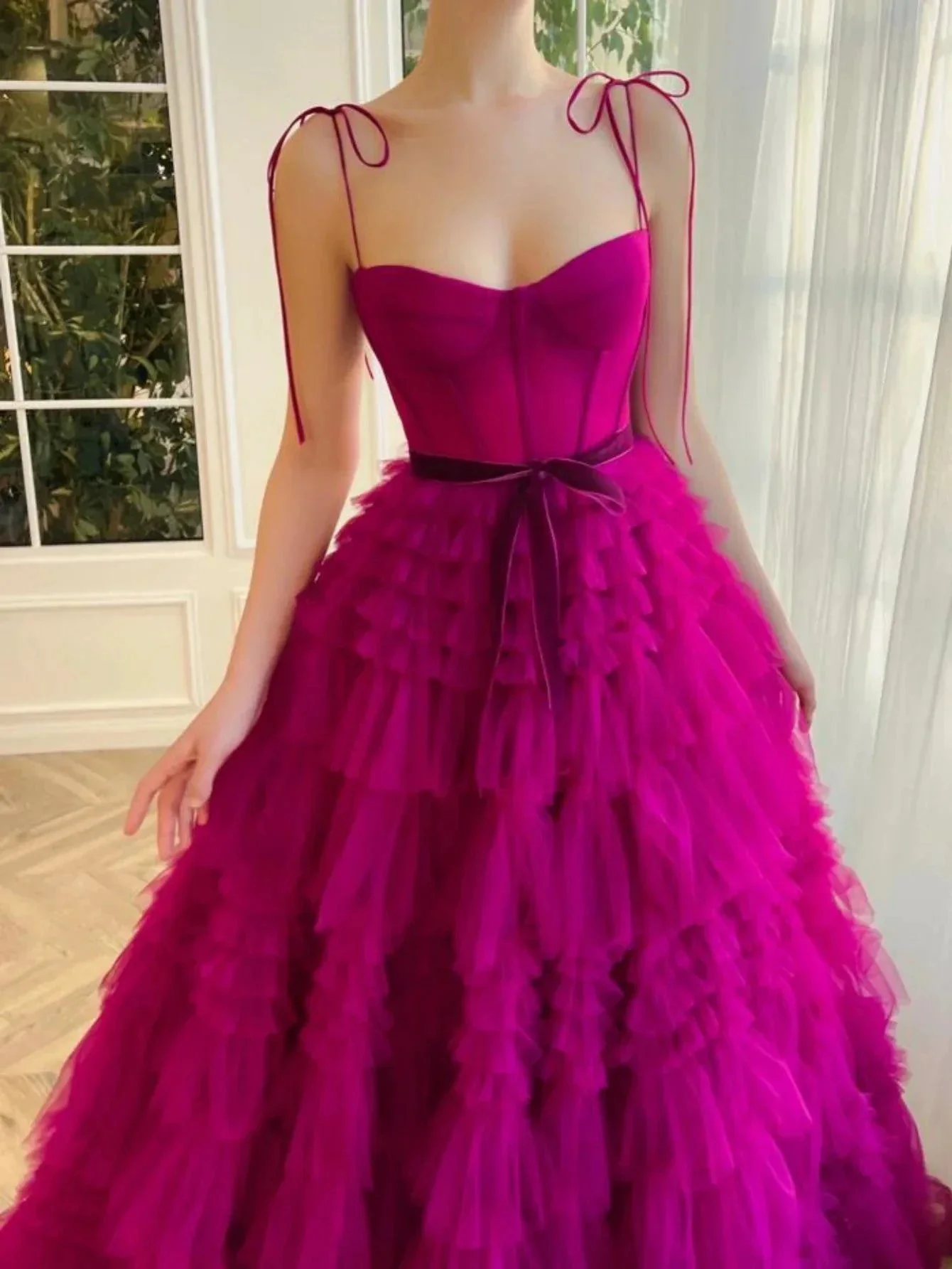Blair |A Line Strapless Fuchsia Tiered Long Tulle Prom Dress - Image 6