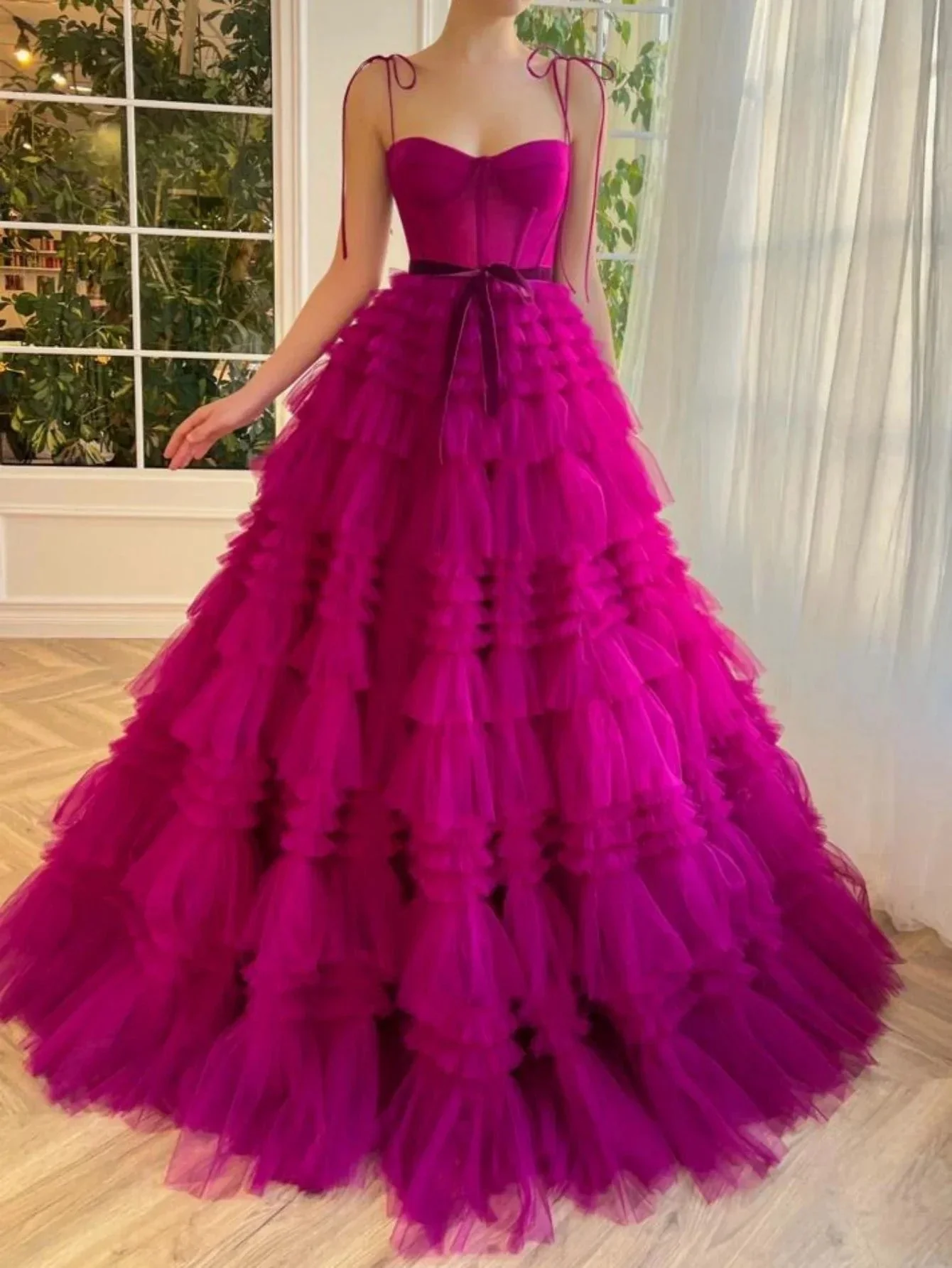 Blair |A Line Strapless Fuchsia Tiered Long Tulle Prom Dress - Image 7