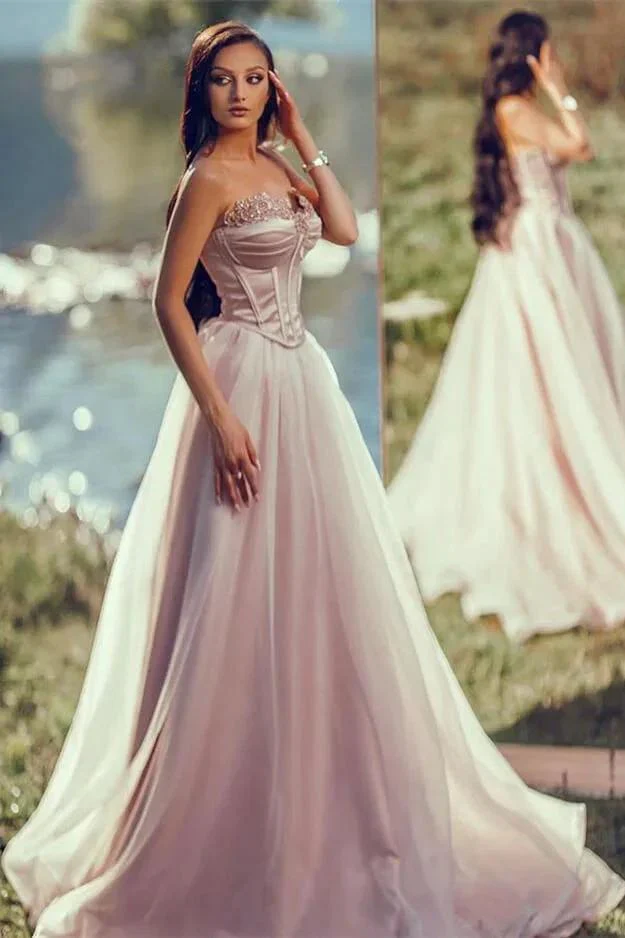 Strapless A-line Long Prom Dress with Tulle Applique and Pleats - Image 2