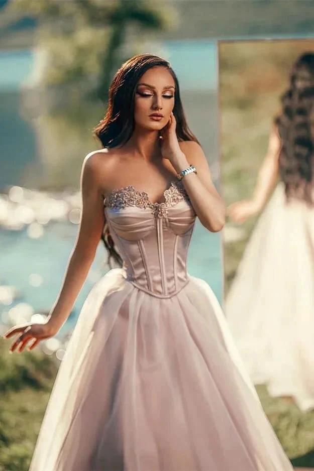 Strapless A-line Long Prom Dress with Tulle Applique and Pleats - Image 4