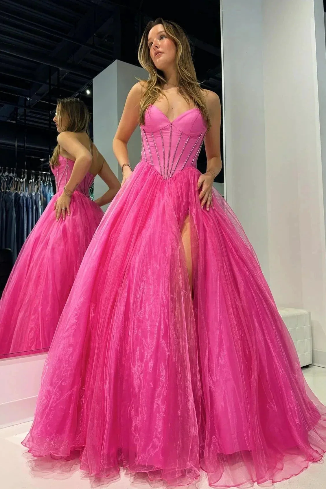 Strapless Beaded Ball Gown with Slit in Hot Pink - Image 2