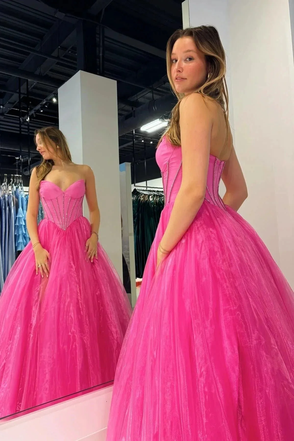 Strapless Beaded Ball Gown with Slit in Hot Pink - Image 3