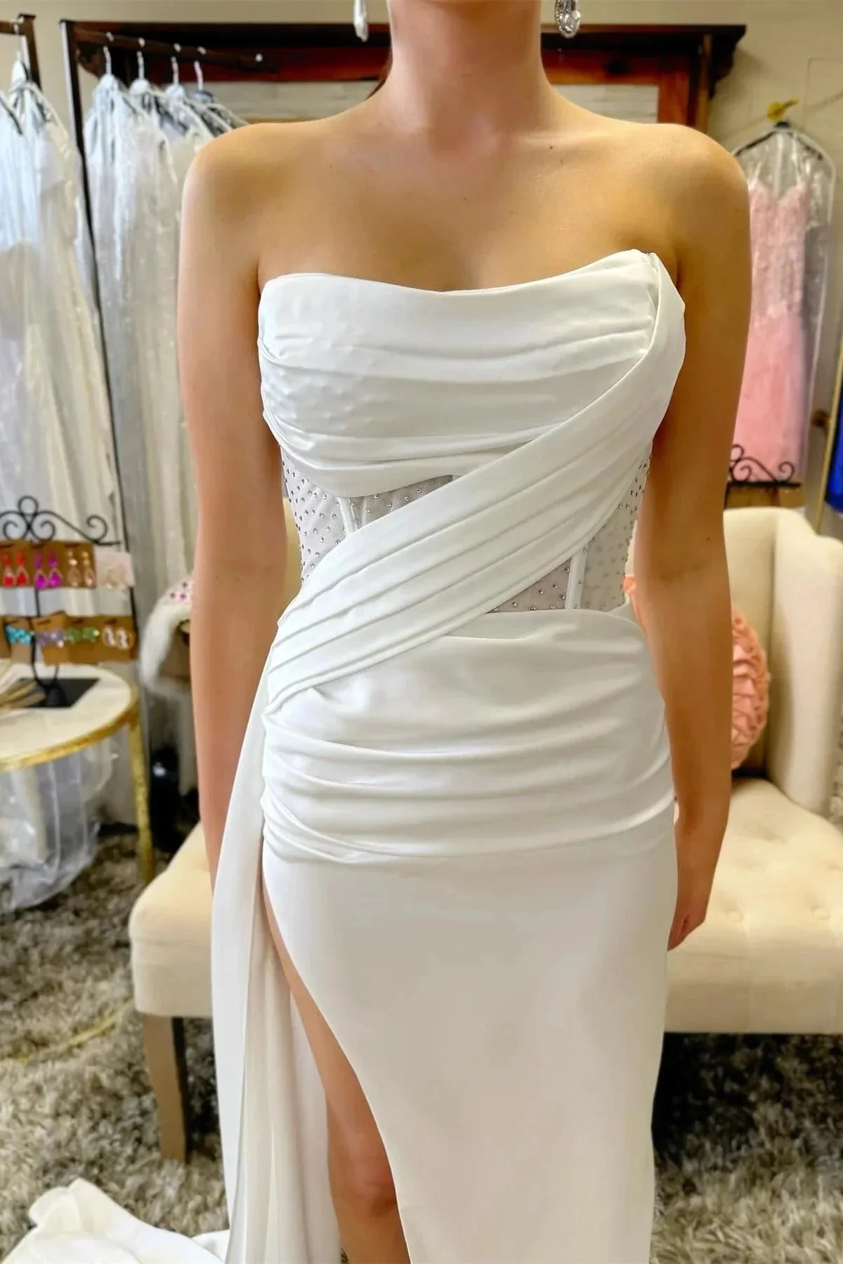 Strapless Beaded Ruched Maxi Dress with Attached Train - Image 2