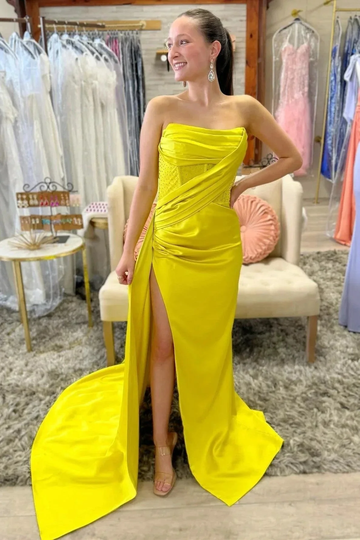 Strapless Beaded Ruched Maxi Dress with Attached Train - Image 5