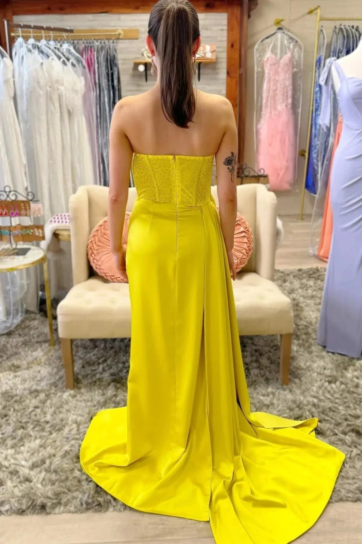 Strapless Beaded Ruched Maxi Dress with Attached Train - Image 7