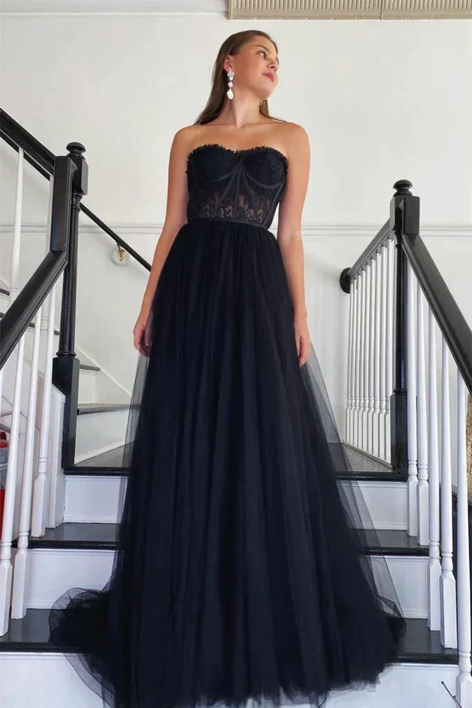 Strapless Black Lace Tulle Long Prom Dress, Black Lace Formal Dress, Black Evening Dress Y205 - Image 2