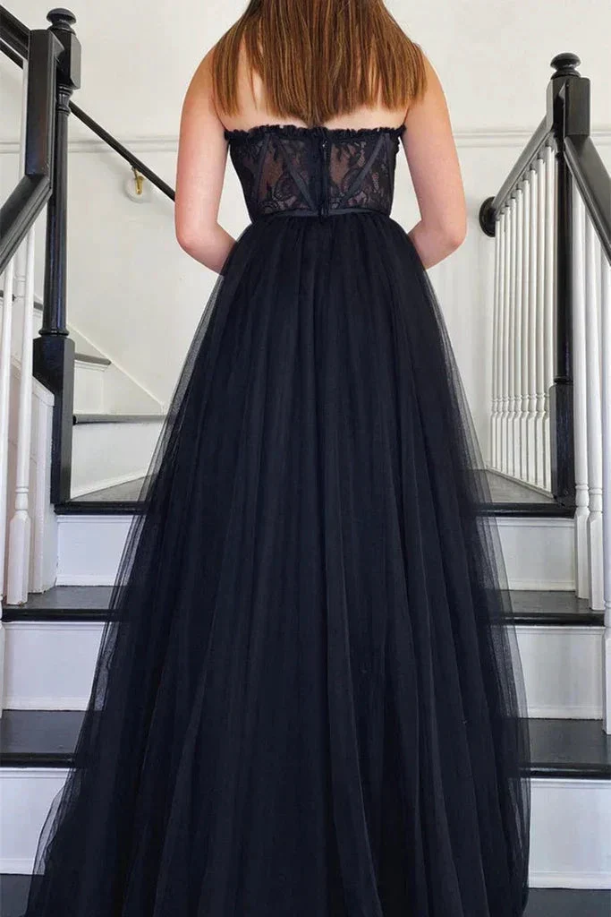 Strapless Black Lace Tulle Long Prom Dress, Black Lace Formal Dress, Black Evening Dress Y205 - Image 3