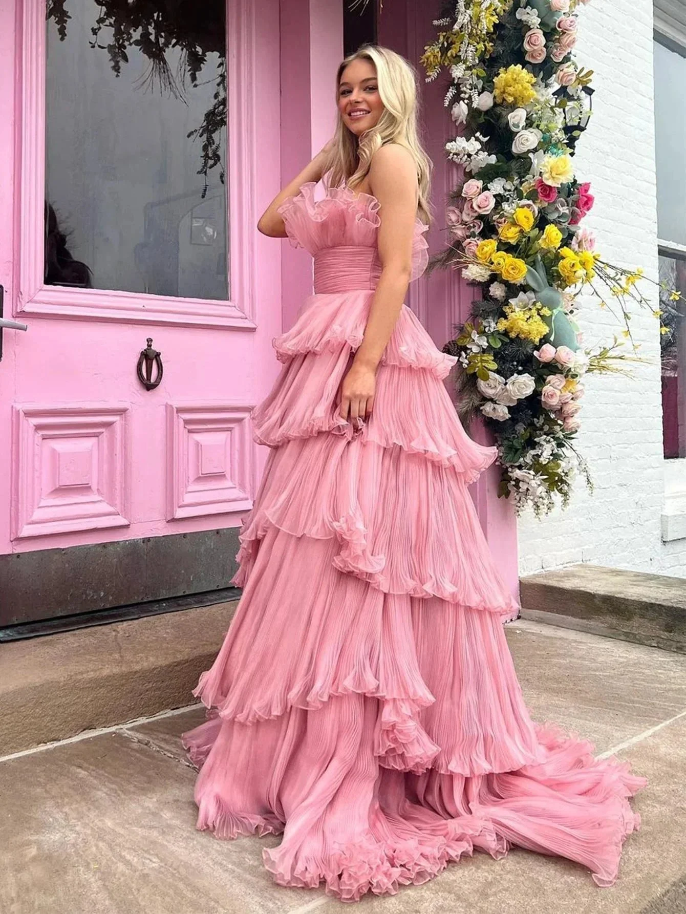 Vanessa |Strapless A-Line Tiered Crinkled Tulle Prom Dress - Image 7
