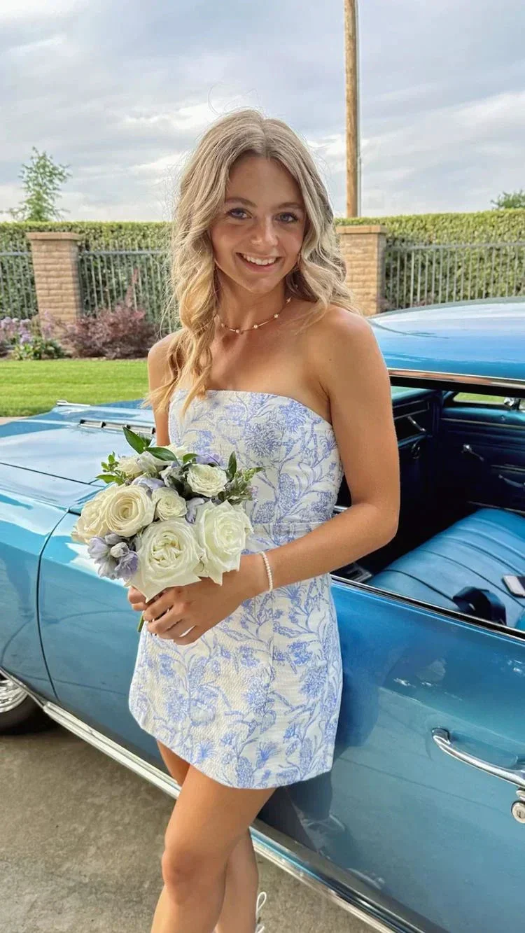 Strapless Blue Floral Mini Homecoming Dress Summer Dress Y2646 - Image 2