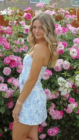 Strapless Blue Floral Mini Homecoming Dress Summer Dress Y2646 - Image 3