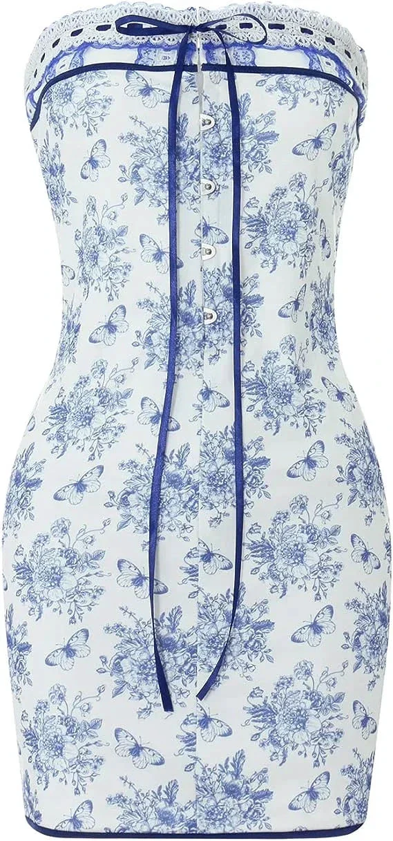 Blue Floral Corset Strapless Flower and Butterfly Mini Homecoming Dress Y2664 - Image 3