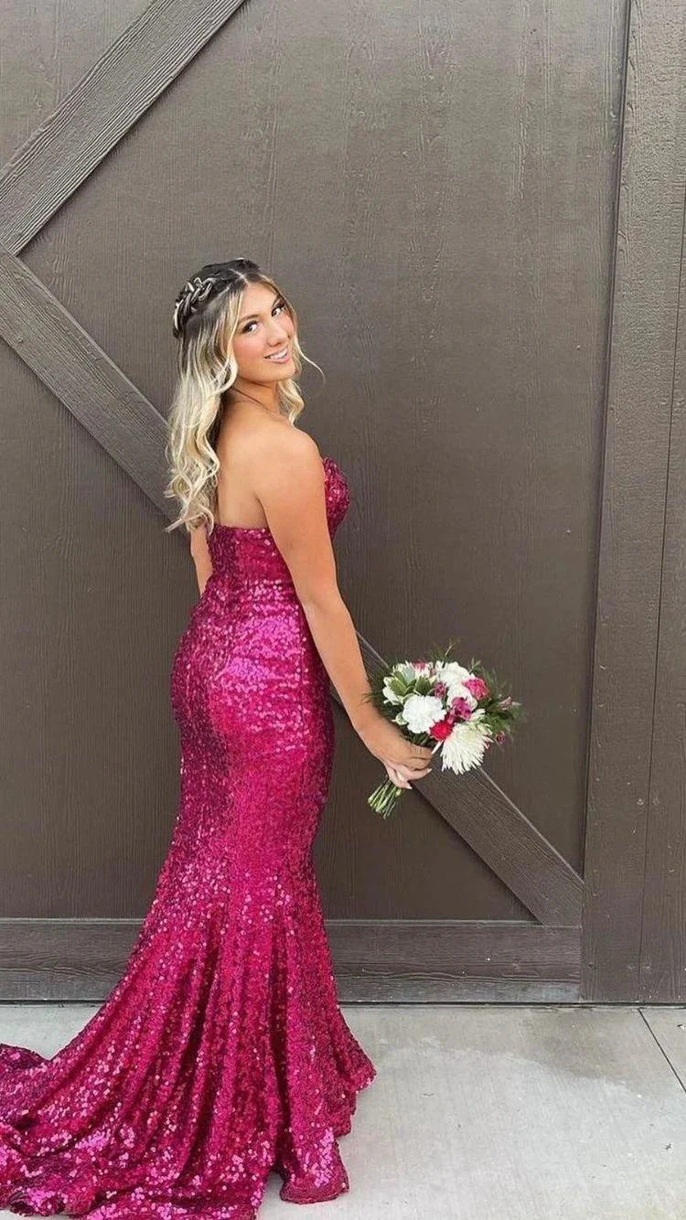 Strapless Fuchsia Sequins Long Prom Dress,Elegant Mermaid Evening Dress  Y1876 - Image 2