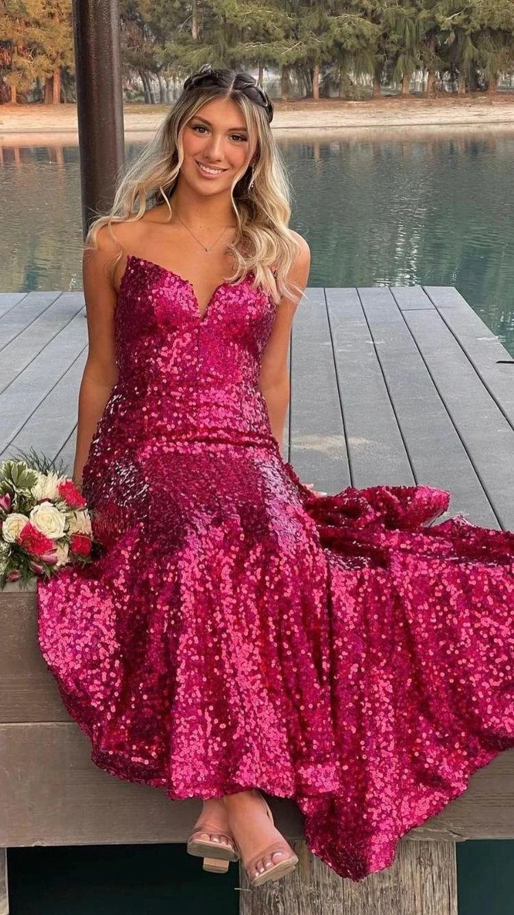 Strapless Fuchsia Sequins Long Prom Dress,Elegant Mermaid Evening Dress  Y1876 - Image 3