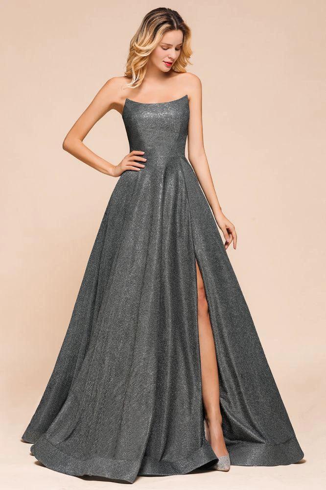 Strapless Glitter aline Evening Gown Sleeveless Front Slit Dancing Party Dress - Image 2