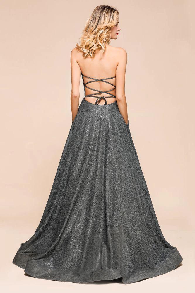 Strapless Glitter aline Evening Gown Sleeveless Front Slit Dancing Party Dress - Image 3