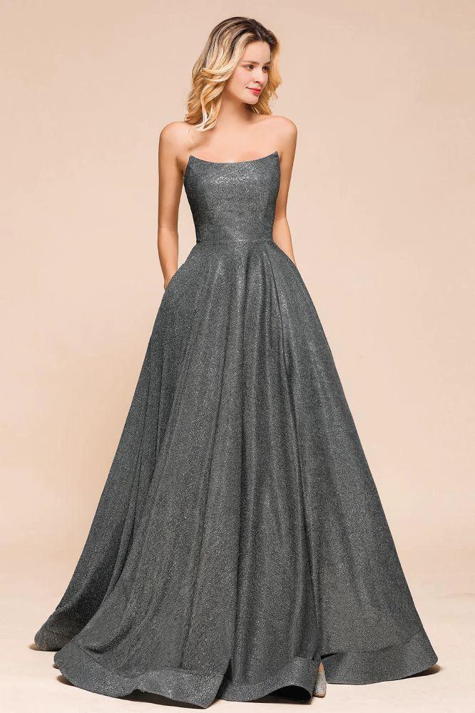 Strapless Glitter aline Evening Gown Sleeveless Front Slit Dancing Party Dress - Image 4