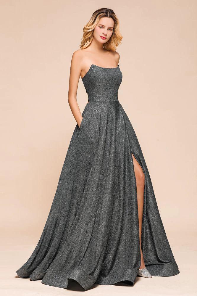 Strapless Glitter aline Evening Gown Sleeveless Front Slit Dancing Party Dress - Image 7