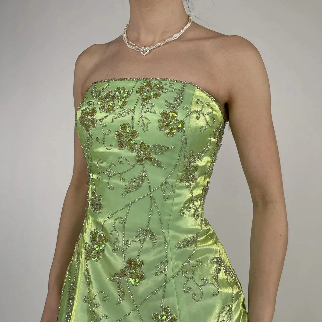 Strapless Green Satin Beaded A Line Prom Dress Evening Dress Y8412 - Image 2