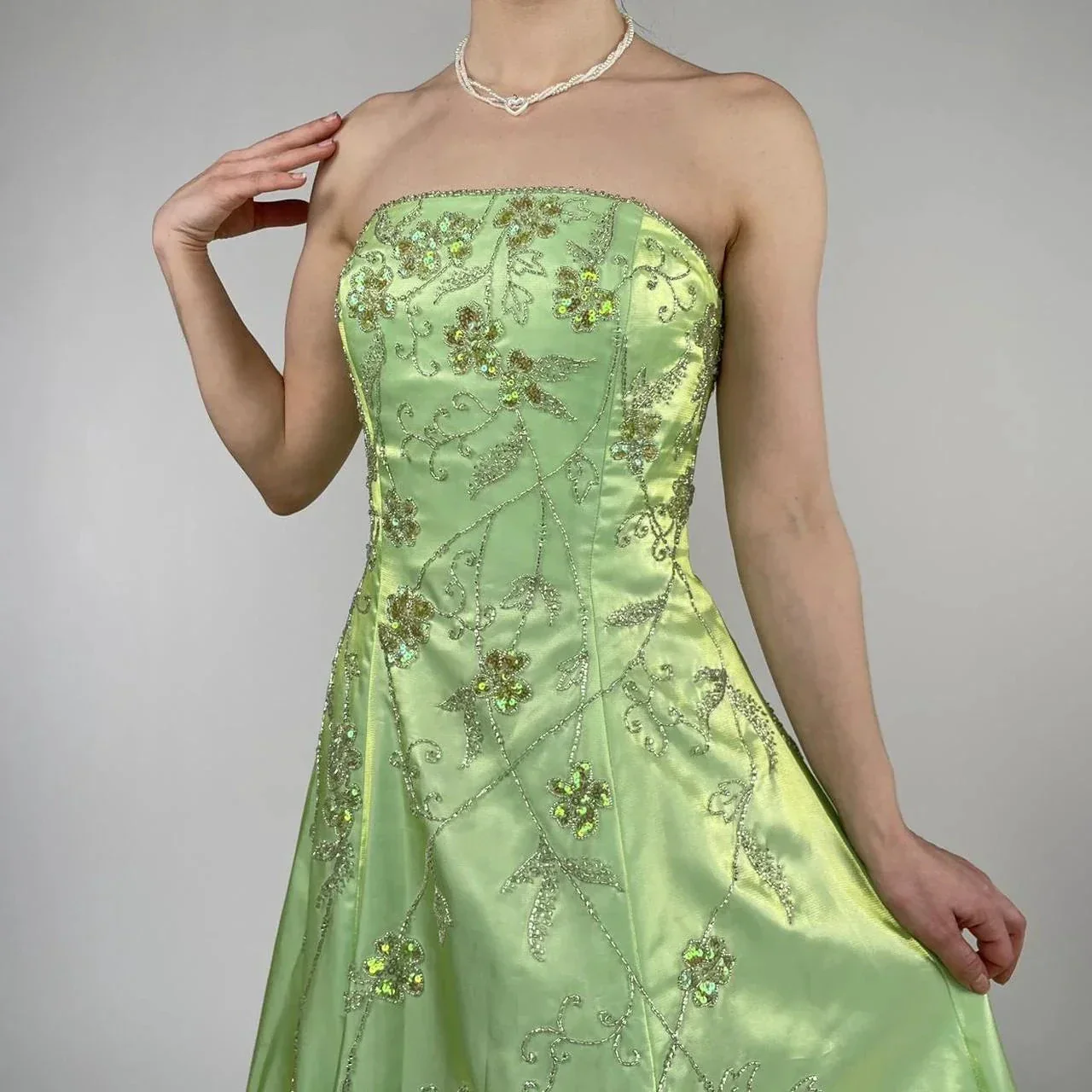 Strapless Green Satin Beaded A Line Prom Dress Evening Dress Y8412 - Image 3