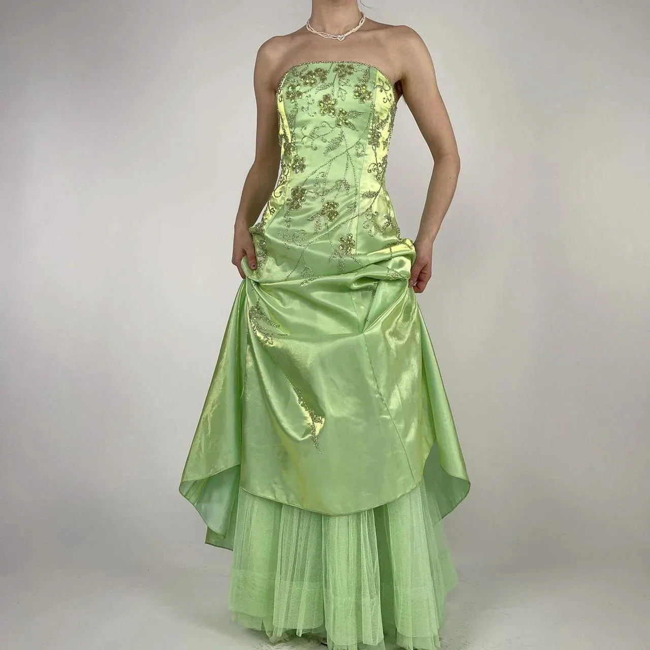 Strapless Green Satin Beaded A Line Prom Dress Evening Dress Y8412 - Image 4