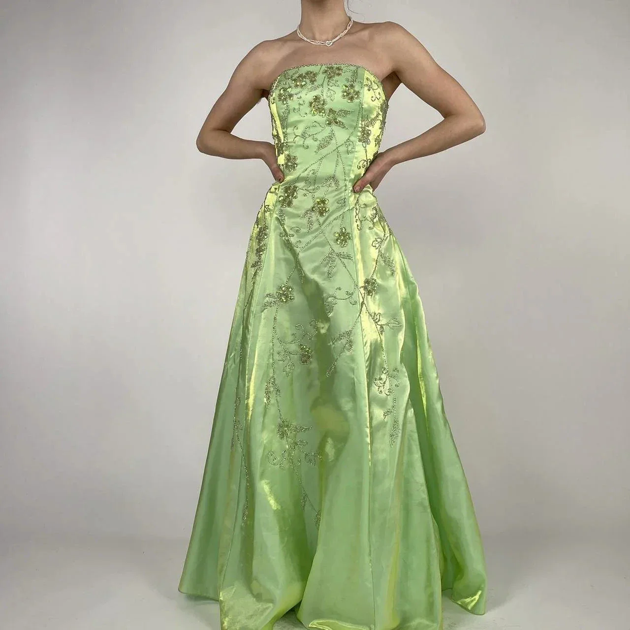 Strapless Green Satin Beaded A Line Prom Dress Evening Dress Y8412 - Image 5