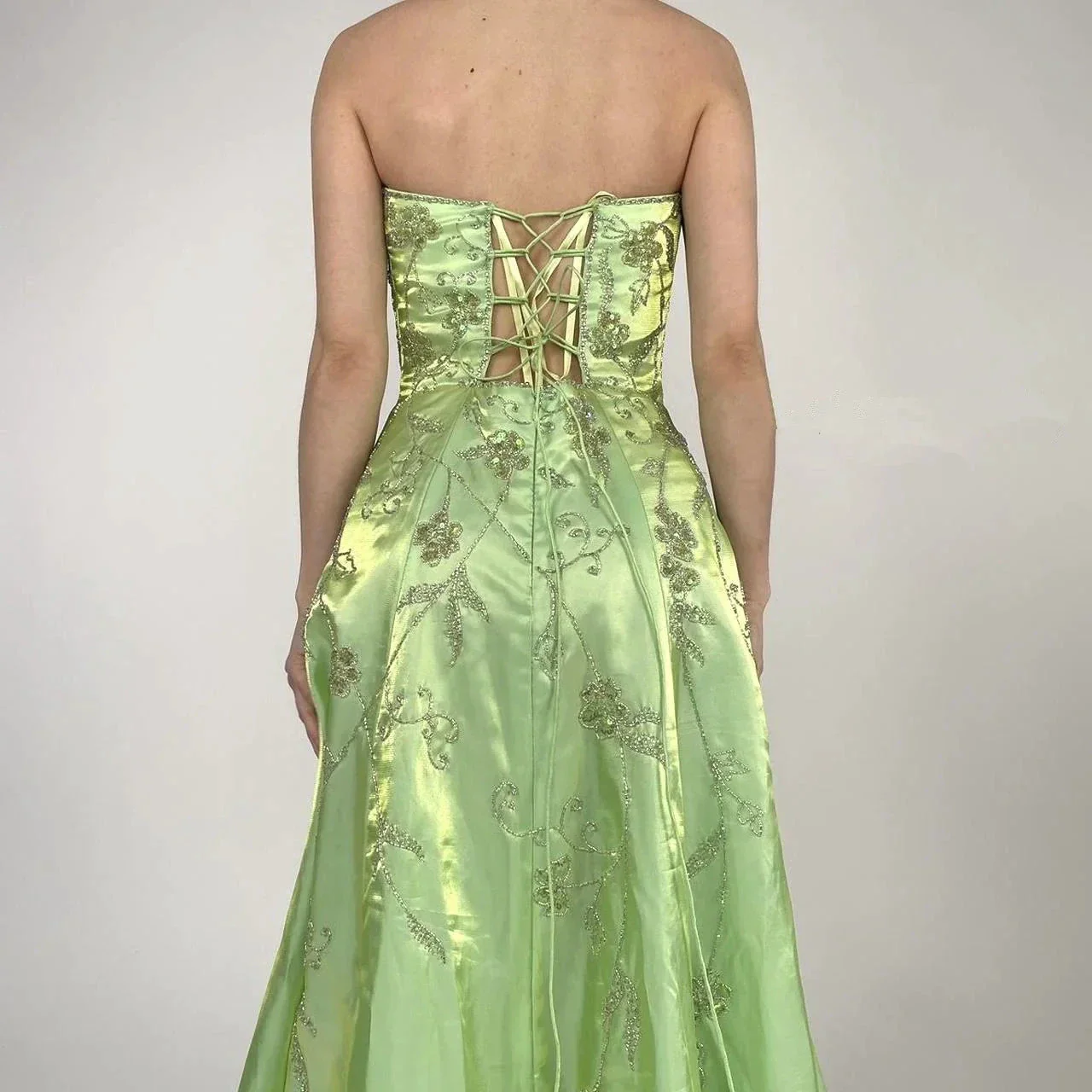 Strapless Green Satin Beaded A Line Prom Dress Evening Dress Y8412 - Image 6